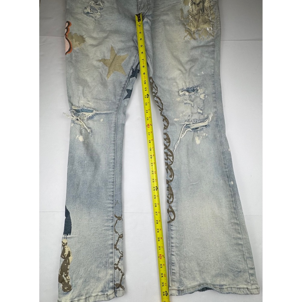 Grindhouse Denim Jeans 44 Light Wash Distressed Streetwear Graphic Star Peace - Picture 5 of 13